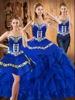 Customized Satin and Organza Sleeveless Floor Length Quinceanera Dress and Embroidery and Ruffles