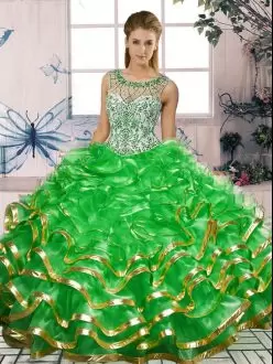 Top Selling Sleeveless Floor Length Beading and Ruffles Lace Up 15 Quinceanera Dress with Green