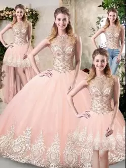 Peach High-neck Neckline Beading and Lace and Appliques Quinceanera Gowns Sleeveless Backless