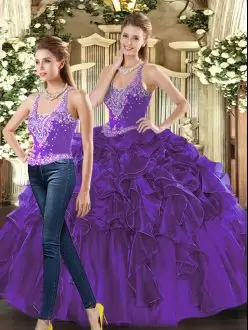 Straps Sleeveless Lace Up 15 Quinceanera Dress Purple Tulle Beading and Ruffles