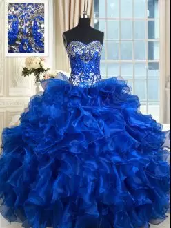 Affordable Organza Sweetheart Sleeveless Lace Up Beading and Ruffles and Ruffled Layers Quinceanera Dress in Royal Blue