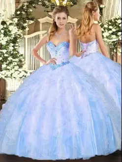 Light Blue Sleeveless Organza Lace Up Quinceanera Dresses for Military Ball and Sweet 16 and Quinceanera