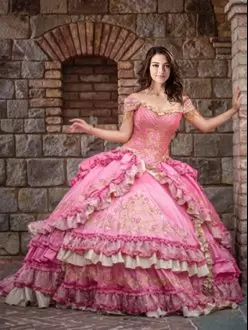 Affordable Beading and Embroidery and Ruffled Layers Sweet 16 Quinceanera Dress Rose Pink Lace Up Sleeveless Floor Length