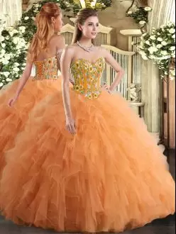 Nice Orange Sweetheart Neckline Embroidery and Ruffles Sweet 16 Quinceanera Dress Sleeveless Lace Up