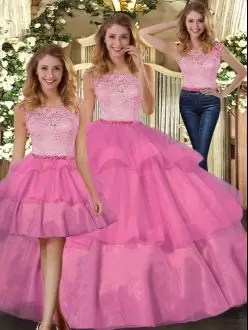 Extravagant Hot Pink Three Pieces Scoop Sleeveless Tulle Floor Length Zipper Lace Quinceanera Gown