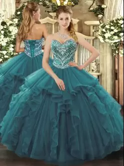 Comfortable Floor Length Lace Up 15 Quinceanera Dress Turquoise for Military Ball and Sweet 16 and Quinceanera with Beading and Ruffles
