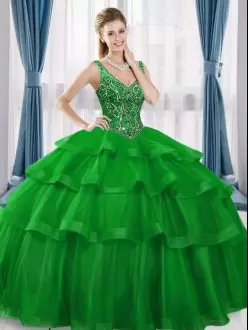 Green Organza Lace Up V-neck Sleeveless Floor Length Quinceanera Dresses Beading