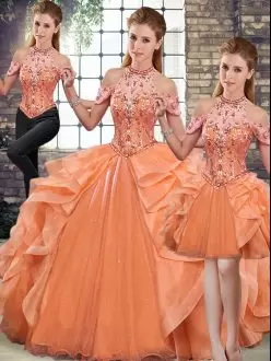Fashion Floor Length Orange Quinceanera Dress Halter Top Sleeveless Lace Up