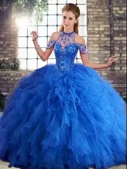 Royal Blue Illusion Tulle Neckline Halter Top Short Sleeves Quinceanera Dress Beading and Ruffles