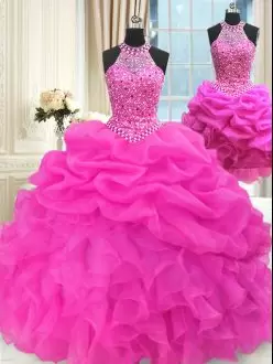 Traditional Hot Pink Sleeveless Beading and Pick Ups Floor Length Quinceanera Dresses