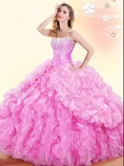 Amazing Sweetheart Sleeveless Organza Ball Gown Prom Dress Beading and Ruffles and Pick Ups Lace Up