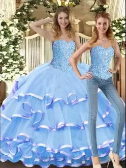 Floor Length Baby Blue 15 Quinceanera Dress Tulle Sleeveless Beading and Ruffled Layers