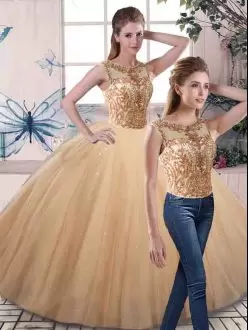 Modern Gold Lace Up Quinceanera Gown Beading Sleeveless Floor Length