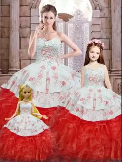 Beading and Appliques and Ruffles 15th Birthday Dress White And Red Lace Up Sleeveless Floor Length