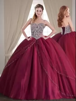 Most Popular Burgundy Sweetheart Lace Up Beading Quinceanera Gowns Brush Train Sleeveless