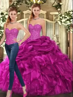 Glittering Fuchsia Lace Up Quince Ball Gowns Beading and Ruffles Sleeveless Floor Length