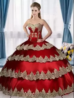 Exquisite Sweetheart Sleeveless Quinceanera Dress Floor Length Appliques Wine Red Satin