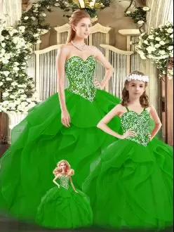 Simple Green Ball Gowns Sweetheart Sleeveless Tulle Floor Length Lace Up Beading and Ruffles Quinceanera Gowns