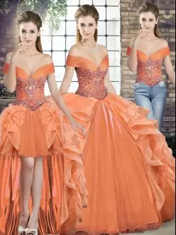 Vintage Orange Three Pieces Organza Off The Shoulder Sleeveless Beading and Ruffles Floor Length Lace Up Vestidos de Quinceanera