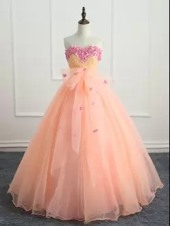 Fantastic Peach Sleeveless Floor Length Beading and Appliques and Bowknot Lace Up Quinceanera Gowns Sweetheart