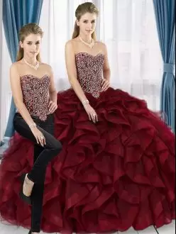 Inexpensive Beading Sweet 16 Dresses Burgundy Lace Up Sleeveless Floor Length