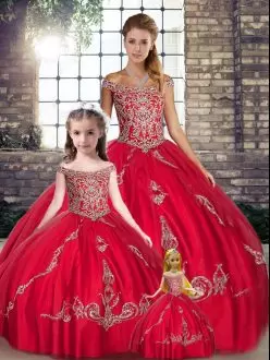Modest Red Sleeveless Tulle Lace Up Quinceanera Gown for Military Ball and Sweet 16 and Quinceanera