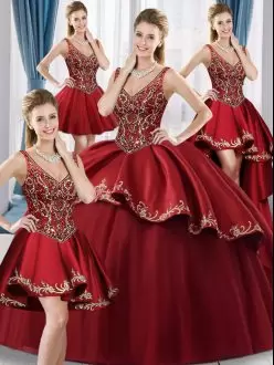 Wine Red Quince Ball Gowns Sweet 16 and Quinceanera with Beading and Appliques V-neck Sleeveless Lace Up