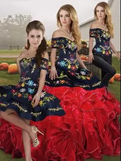 Customized Floor Length Lace Up Sweet 16 Quinceanera Dress Red And Black for Military Ball and Sweet 16 and Quinceanera with Embroidery and Ruffles