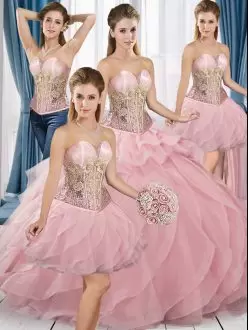 Rose Pink Sleeveless Beading and Ruffles Floor Length Quince Ball Gowns