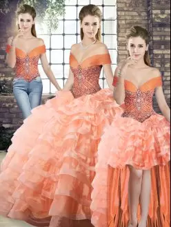 Peach Off The Shoulder Neckline Beading and Ruffled Layers Sweet 16 Quinceanera Dress Sleeveless Lace Up