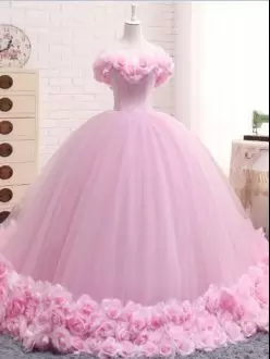 Unique Baby Pink 15 Quinceanera Dress Military Ball and Sweet 16 and Quinceanera with Hand Made Flower Off The Shoulder Sleeveless Brush Train Lace Up