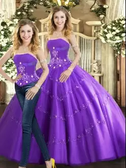 Perfect Strapless Sleeveless Tulle Quinceanera Gown Beading Lace Up