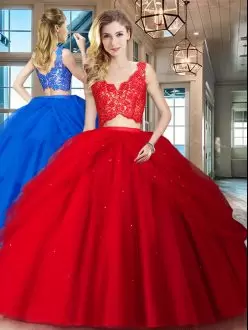 Red V-neck Zipper Lace and Ruffled Layers Quinceanera Dresses Sleeveless