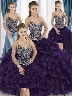 Excellent Sleeveless Straps Lace Up Floor Length Beading and Ruffles Quinceanera Gowns Straps