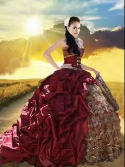 New Arrival Burgundy Lace Up Sweetheart Beading and Ruffled Layers and Pick Ups Quinceanera Gowns Taffeta and Lace Sleeveless Court Train