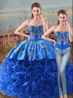 Sweetheart Sleeveless Brush Train Lace Up Sweet 16 Quinceanera Dress Royal Blue Fabric With Rolling Flowers Embroidery and Ruffles