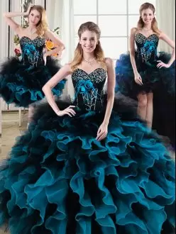 Shining Black and Blue Organza and Tulle Lace Up Sweetheart Sleeveless Floor Length 15th Birthday Dress Beading and Ruffles and Hand Made Flower