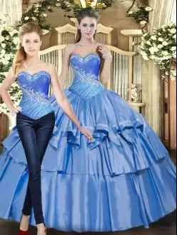 Sleeveless Tulle Floor Length Lace Up Quinceanera Gown in Baby Blue with Beading and Ruffled Layers