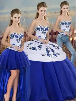 Best Selling Royal Blue Sleeveless Embroidery and Bowknot Floor Length Quinceanera Gown