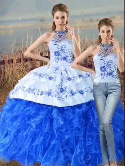 Top Selling Blue And White Organza Lace Up Halter Top Sleeveless Quinceanera Dress Court Train Embroidery and Ruffles