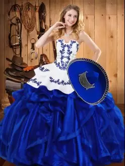 Best Blue Lace Up Strapless Embroidery and Ruffles Sweet 16 Quinceanera Dress Satin and Organza Sleeveless