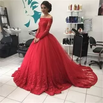 Pretty Red Lace Long Sleeves Appliques Quinceanera Gown Off The Shoulder