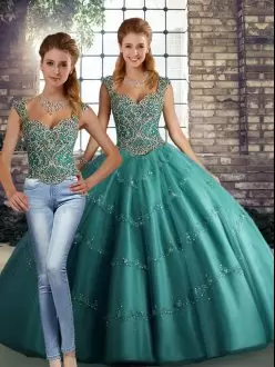 Beautiful Teal Sleeveless Beading and Appliques Floor Length Quinceanera Gowns