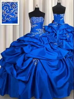 Royal Blue Sleeveless Floor Length Beading and Pick Ups Lace Up 15th Birthday Dress Strapless