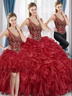 Attractive Red Quinceanera Dresses Military Ball and Sweet 16 with Beading and Ruffles V-neck Sleeveless Lace Up