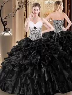 Floor Length Black Quinceanera Dresses Organza Sleeveless Ruffles and Pattern