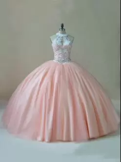 Beautiful Halter Top Illusion Neck Beading and Lace Quinceanera Gown Peach Color