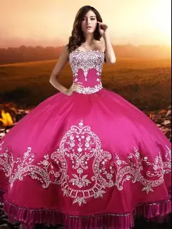 Pretty Beading and Embroidery 15th Birthday Dress Hot Pink Lace Up Sleeveless Floor Length