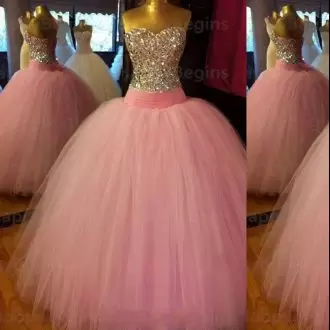 Artistic Pink Tulle Zipper Quinceanera Dresses Sleeveless Floor Length Beading