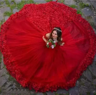 Admirable Red Tulle Off The Shoulder Quinceanera Dress With Chapel Train 3D Flowers